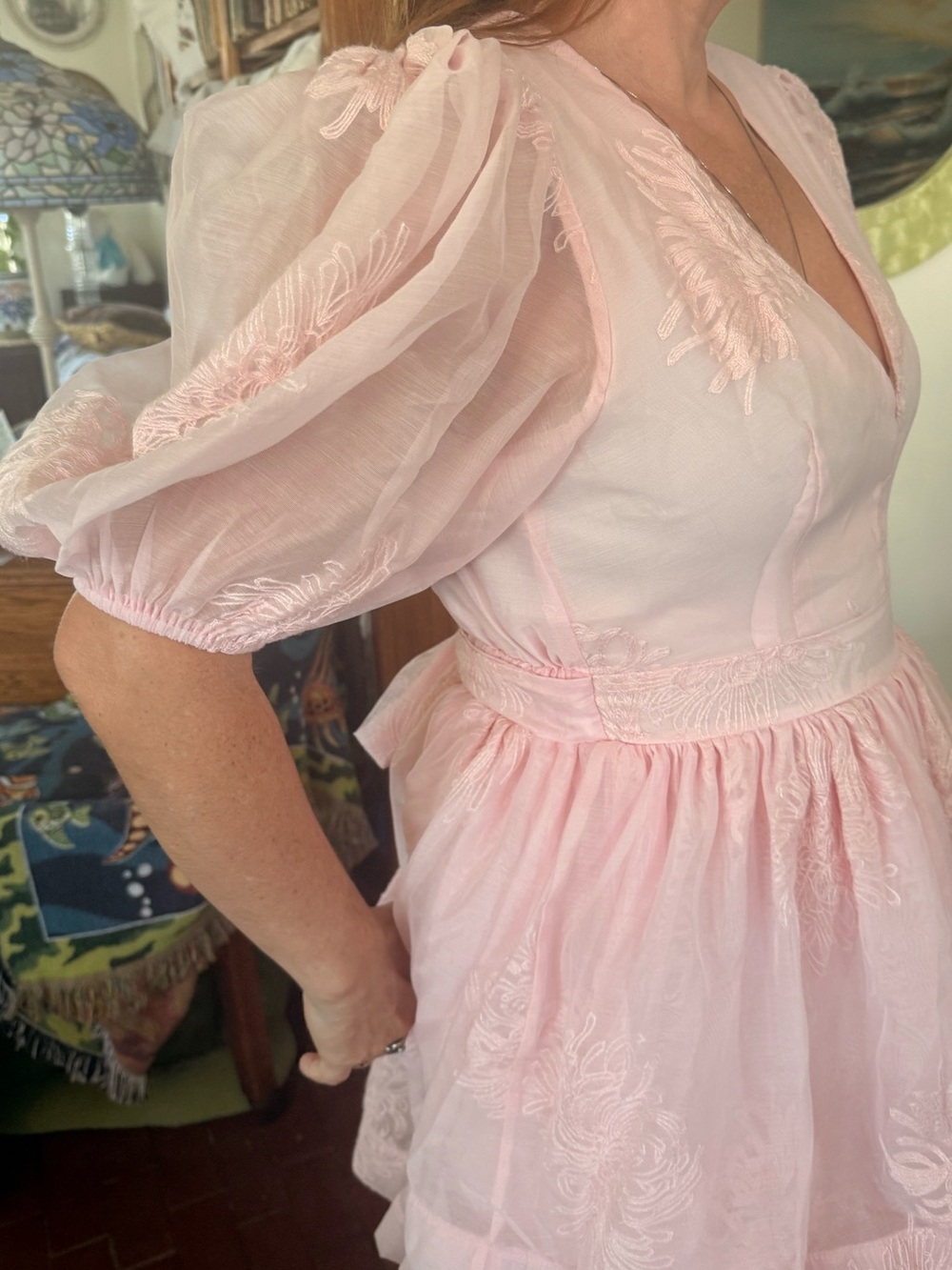 Light Pink Embroidered Puff-Sleeve Tiered Dress, M - Picture 4 of 10